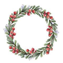 Watercolor Christmas wreath of branches boxwood with red berries and snowberry on a white background. Beautiful and bright  frame for your holiday, warm wishes and design