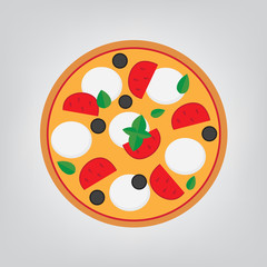 pizza margherita with mozzarella cheese, tomato, olives and basil- vector illustration