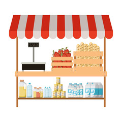 supermarket shelf with weighing machine and sunshade colorful with foods and beverages