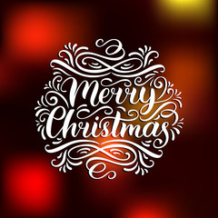 Vector ornate Merry Christmas lettering on blurred background. New Year or Nativity pattern typography.