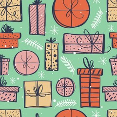 Seamless pattern with hand drawn gift boxes.