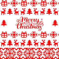 Vector knitted seamless pattern with Merry Christmas lettering.Happy Holidays pixel endless background.New Year elements