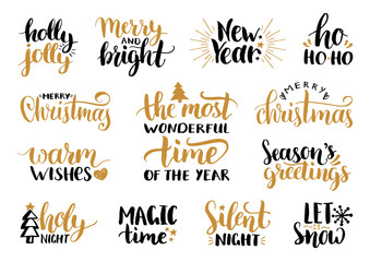 Vector handwritten Christmas and New Year calligraphy set with fest decorations.Happy Holidays,Holly Jolly etc lettering