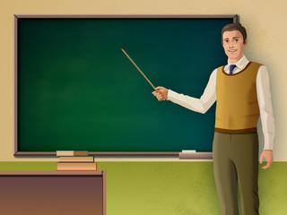 Male teacher pointing to a blackboard