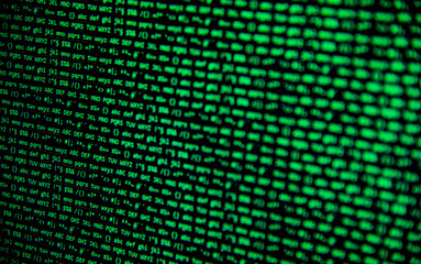 Screen with crypto currency code, green digitals