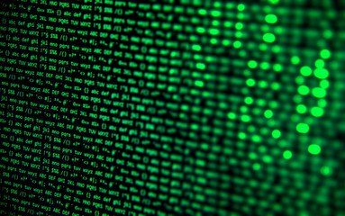 Screen with crypto currency code, green digitals
