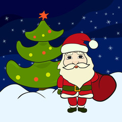 Funny Santa Claus next to Christmas tree