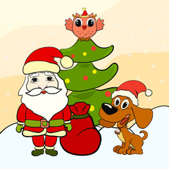Santa Claus, puppy, owl and Christmas tree