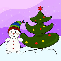 Cute happy snowman and Christmas tree