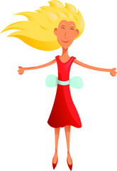Happy woman in a red dress is jumping. Illustration, isolated on white background. Jumping woman. Happy woman smiling