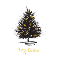 Christmas greeting card with Xmas tree sketch. Grunge fir with golden snowflakes