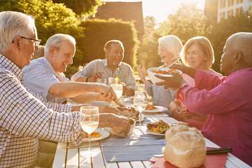 Group Of Senior Friends Enjoying Outdoor Dinner Party At Home - obrazy, fototapety, plakaty