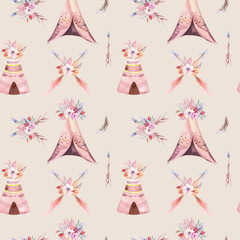 Hand drawn watercolor tribal teepee seamless pattern, Boho America traditional native ornament wigwam patterns. Indian bohemian decoration tee-pee with arrows and feathers.
