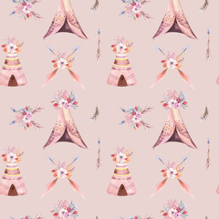 Hand drawn watercolor tribal teepee seamless pattern, Boho America traditional native ornament wigwam patterns. Indian bohemian decoration tee-pee with arrows and feathers.