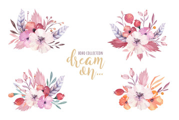 Hand drawn watercolor tribal floral bouquets isolated on white. Boho America traditional watercolour wedding native flowers and leaves. Burgundy and gold bouquet.