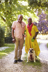 Portrait Of Senior Couple Walking Pet Bulldog In Countryside