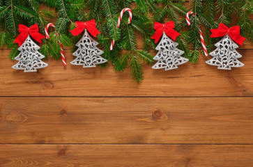Christmas decoration, ornaments and garland frame background