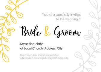 Obraz premium Wedding invitation card. Wedding card template with gold and grey frame of branches with leaves, hand drawn.