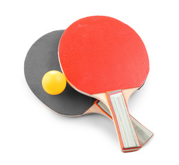 Ping pong rackets and ball, isolated on white