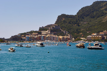 View of the beach and boats in Portovenere