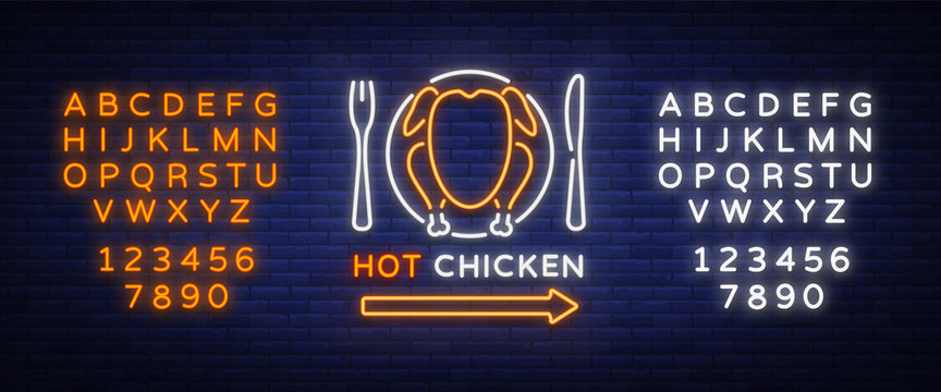 Logo Chicken Barbecue is a neon-style logo for a food store and a restaurant. Neon sign, night bright advertising chicken grill. Vector illustration. Editing text neon sign. Neon alphabet
