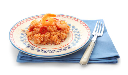 Plate with delicious shrimp fried rice on white background