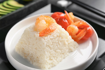 Plate with delicious shrimp fried rice, closeup
