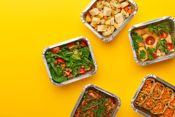 Healthy meals delivery. Eating right concept, copy space, top view.
