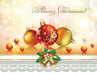 Christmas card with balls and bells on a colorful luminous background