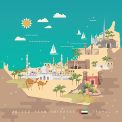 Obraz premium Vector travel poster of United Arab Emirates . UAE template with modern buildings and mosque in light style.