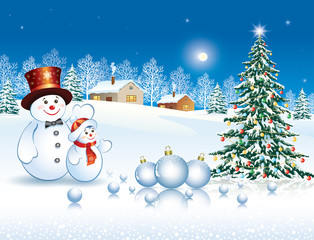 Greeting card with a Christmas tree and snowmen on a winter landscape