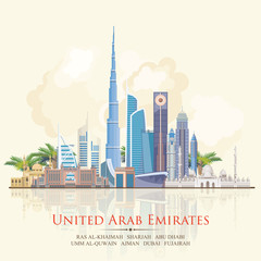 Naklejka premium Vector travel poster of United Arab Emirates . UAE template with modern buildings and mosque in light style.