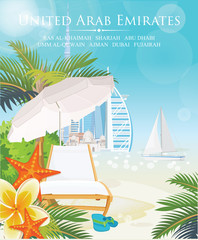 Obraz premium Vector travel poster of United Arab Emirates . UAE template with modern buildings and mosque in light style.