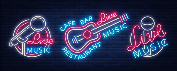 Live music set of neon signs vector logos, poster, emblem for live music festivals, music bars, karaoke, night clubs. Collection of templates for flyers, banners, invitations, brochures and covers