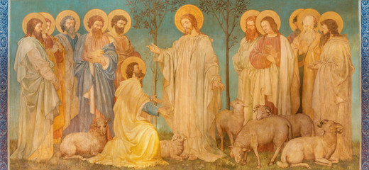 LONDON, GREAT BRITAIN - SEPTEMBER 19, 2017:  The fresco of scene   ‘Feed my sheep’ - Jesus give...