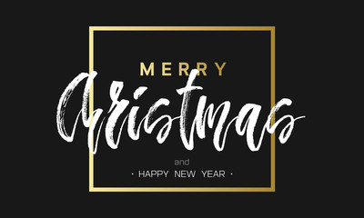 Merry Christmas and Happy New Year Luxury black and gold Design. Golden lettering template for your banner or flyer. Phrase in frame.