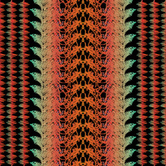 Striped embroidery seamless pattern. Ethnic vector grunge background. Modern tapestry wallpaper. Surface texture. Embroidered design with vertical figured stripes borders and bright tribal ornaments.