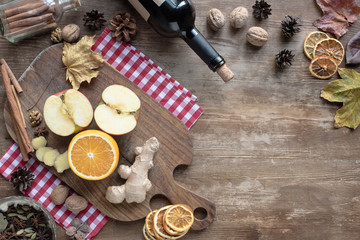 fruits and ginger on wooden board