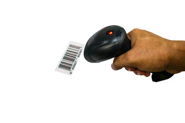 The manual scanner of barcodes in man hand