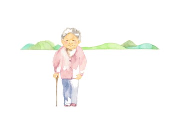 祖母と山の遠景