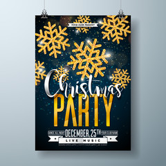 Vector Merry Christmas Party Poster Design Template with Holiday Typography Elements and Shiny Gold Snowflake on Dark Background.