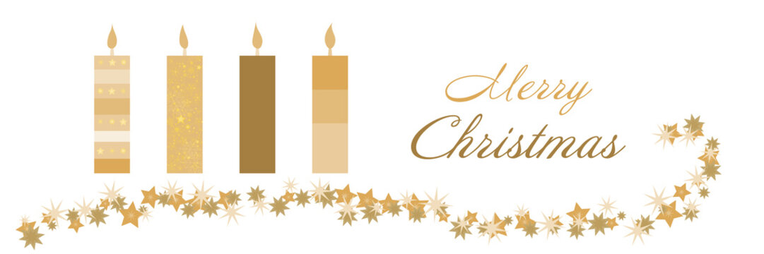 Christmas time. Christmas card with four candles in golden colors. Text : Merry Christmas.