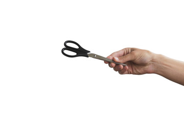 Scissors in hand. Isolated on grey background