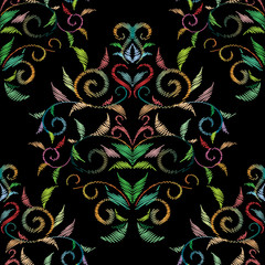 Embroidery damask seamless pattern. Colorful tapestry hand drawn flowers, swirl leaves, grunge ornaments. Black floral background. Embroidered bright design for wallpapers, textile. Tapestry flowers.