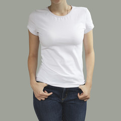 Young beautiful sexy female with blank white shirt, front. Ready for your design or artwork.