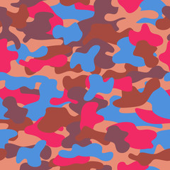 Camouflage seamless pattern in brown, blue and red colors.