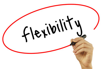 Man Hand writing Flexibility with black marker on visual screen. Isolated on background. Business,...
