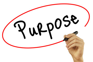 Man Hand writing Purpose with black marker on visual screen. Isolated on background. Business, technology, internet concept. Stock Photo