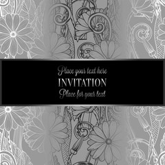 Abstract background with flowers, luxury black and silver vintage tracery made of daisy flowers, damask floral wallpaper ornaments, invitation card, baroque style booklet, fashion pattern