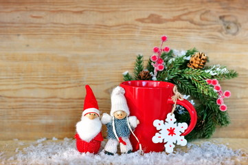 Obraz na płótnie Canvas Christmas background with Santa Claus, red mug and fir tree